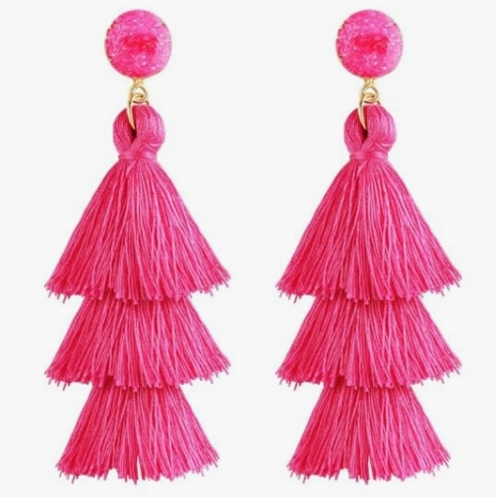 🆕 Hot Pink Druzy Tassel Dangle Statement Earrings